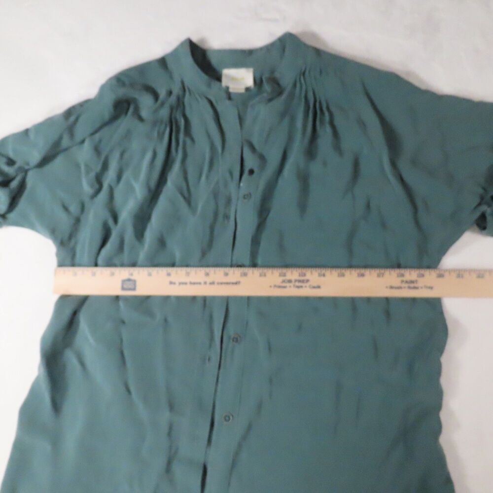Maeve Anthropologie Teal Green Split Neck Gathered Button Down Blouse Medium